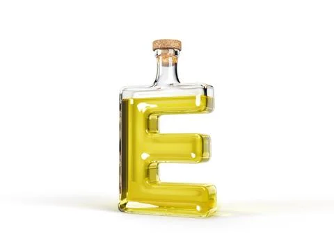 Letter E shaped bottle with olive oil inside. 3d illustration Stock Illustration