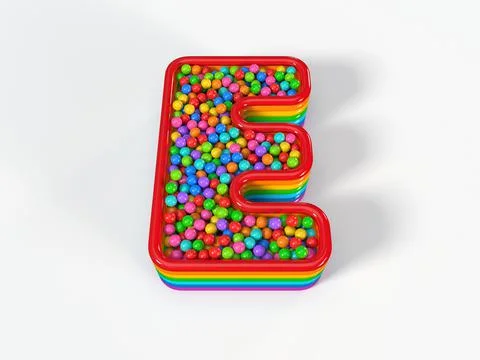 Letter E shaped child pool filled with plastic toy balls. 3D illustration Stock Illustration