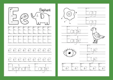 Letter E. Tracing practice worksheet set. Learning alphabet activity page Stock Illustration