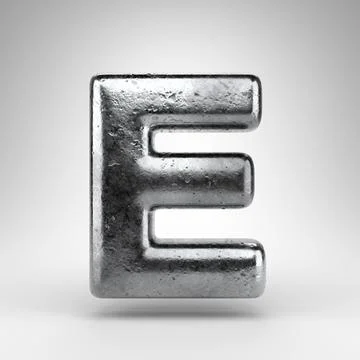Letter E uppercase on white background. Iron 3D letter with gloss metal textu Иллюстрация