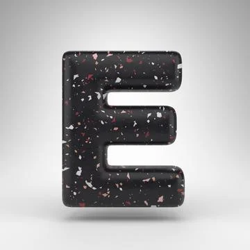 Letter E uppercase on white background. 3D letter with black terrazzo pattern Stock Illustration