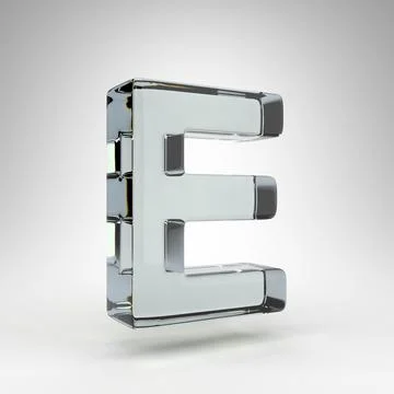 Letter E uppercase on white background. Camera lens transparent glass 3D letter Stock Illustration