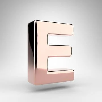 Letter E uppercase on white background. Rose gold 3D letter with gloss chrome Stock-Illustration