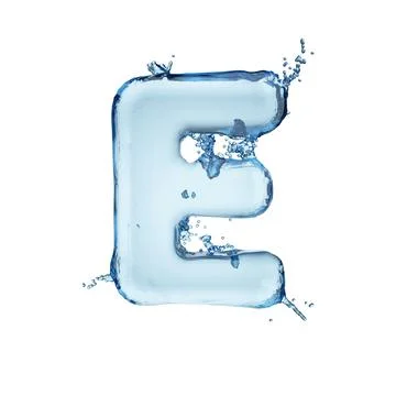 Letter E water splash alphabet isolated on white. 3D rendering illustration. Illustrazione stock