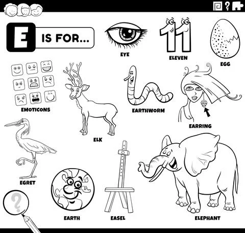Letter e words educational set coloring book page 스톡 일러스트