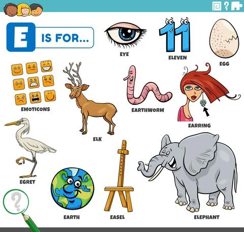 Letter e words educational set with cartoon characters Illustrazione stock