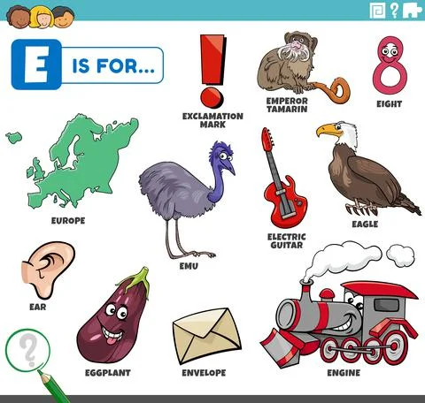 Letter e words educational set with cartoon characters Illustrazione stock