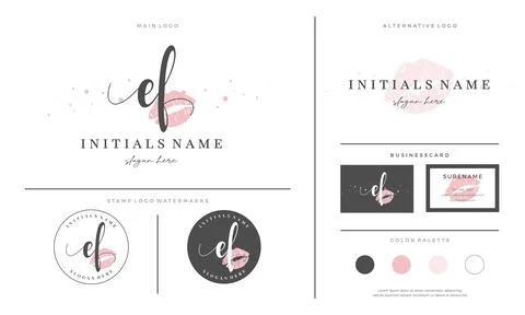 Letter EF E F Initial handwriting logo template with lipstick kiss or makeup Stock Illustration