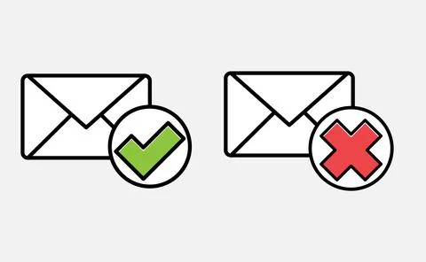 Letter. Envelope with document and round green check mark icon and red check Stock Illustration