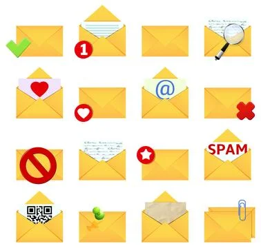 Letter envelope icon set. Set various email icons in flat style. Stock Illustration