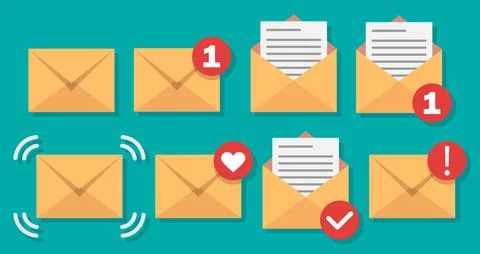 Letter envelope with paper document. Closed, open with a message e-mail envel Stock Illustration