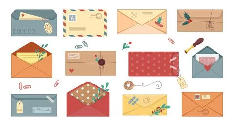 Letter envelope. Sending mail card. Postcard and plant twigs. Invitation page Stock Illustration