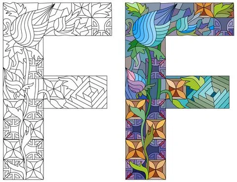 Letter F monogram for coloring, engraving design. Vector illustration. Color Stock Illustration