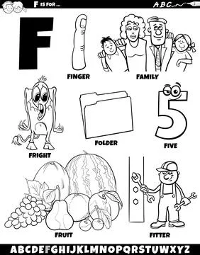 Letter F set with cartoon objects and characters coloring page Stock Illustration