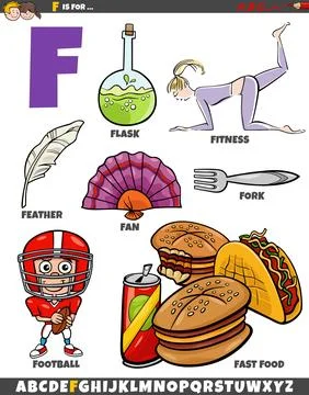 Letter F set with cartoon objects and characters Stock Illustration
