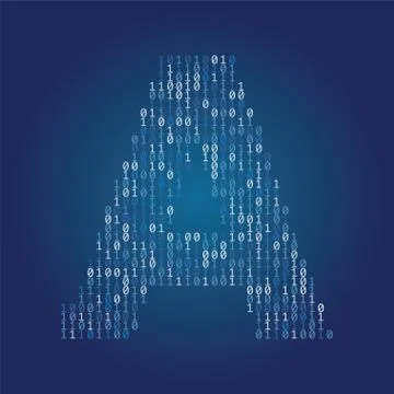 Letter A font made from binary code digits on a dark blue background Illustrazione stock