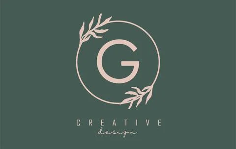 Letter G Logo with circle frame and pastel leaves design. Rounded vector illu Illustrazione stock