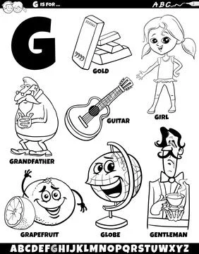 Letter G set with cartoon objects and characters coloring page Stock Illustration