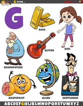 Letter G set with cartoon objects and characters Stock Illustration