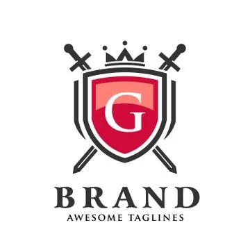 Letter G with two crossed swords,shield with crown logo Illustrazione stock