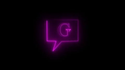 Letter G in vibrant purple neon glow inside speech bubble icon, abstract de.. Illustrazione stock