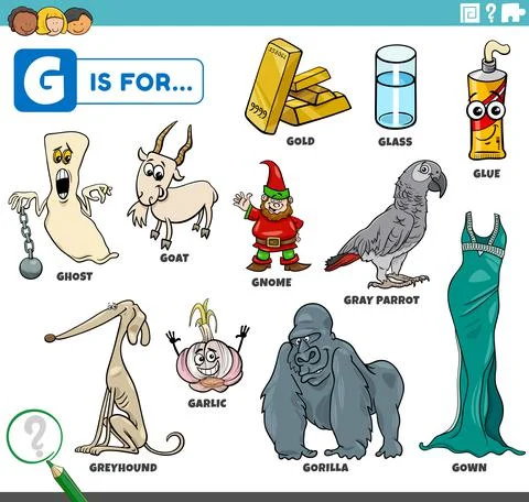 Letter g words educational set with cartoon characters Illustrazione stock