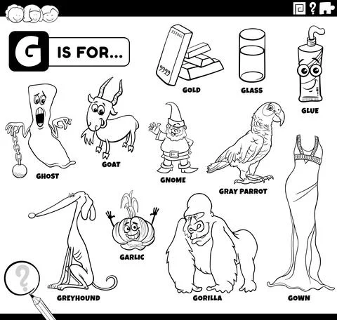 Letter g words educational set coloring book page Illustrazione stock