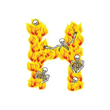 Letter H hellish flames and sinners font. Fiery lettering. Infernal fire al.. Stock Illustration