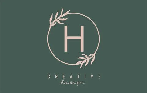 Letter H Logo with circle frame and pastel leaves design. Rounded vector illu Illustrazione stock