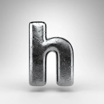 Letter H lowercase on white background. Iron 3D letter with gloss metal textu Ilustração Stock