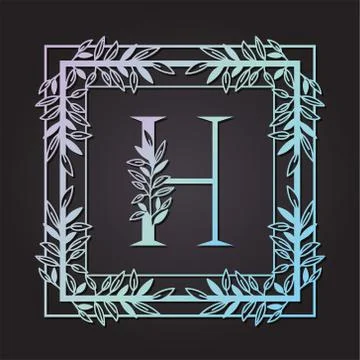Letter H in square frame with leafs Illustrazione stock