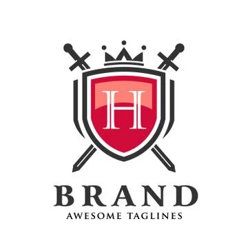 Letter H with two crossed swords,shield with crown logo Stock Illustration