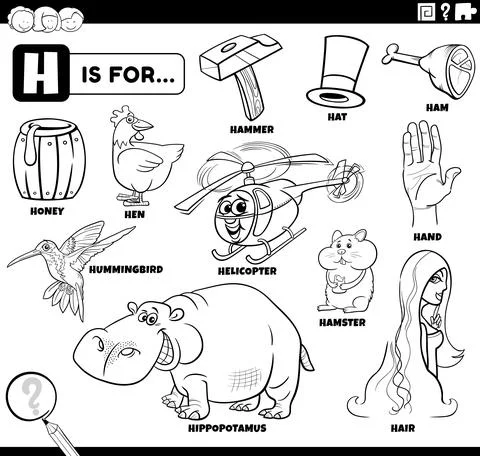 Letter h words educational set coloring book page 스톡 일러스트