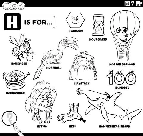 Letter h words educational set coloring book page 스톡 일러스트