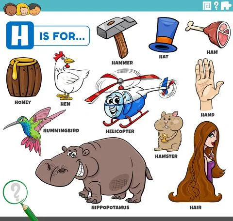 Letter h words educational set with cartoon characters 스톡 일러스트