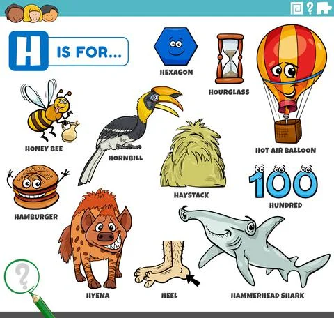 Letter h words educational set with cartoon characters 스톡 일러스트