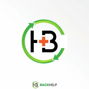 Letter HB sans serif font with recycle arrow and red cross or plus graphic Stock Illustration
