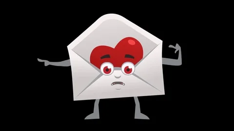 Letter with Heart. 12th Pose Left Bad Pointer with Animated Face. Alpha Stock-Footage 71699679