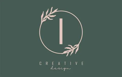 Letter I Logo with circle frame and pastel leaves design. Rounded vector illu 库存插图