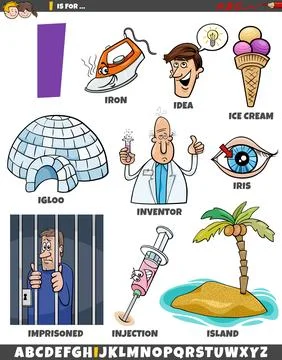 Letter I set with cartoon objects and characters Stock Illustration