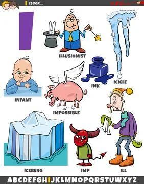 Letter I set with cartoon objects and characters Stock Illustration