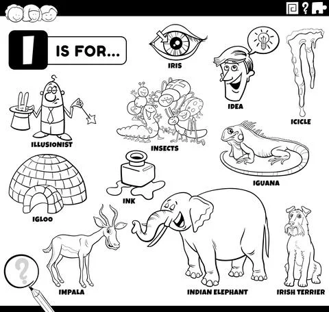 Letter i words educational set coloring book page Illustrazione stock