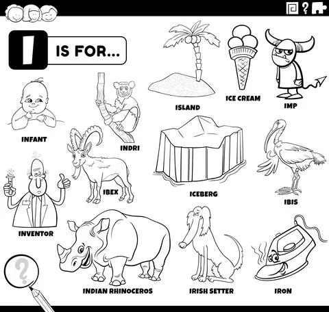 Letter i words educational set coloring book page Illustrazione stock