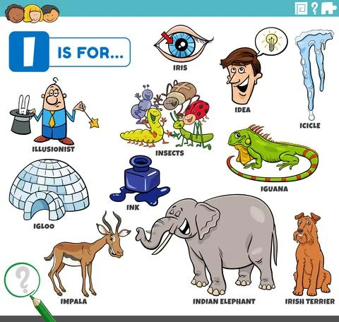 Letter i words educational set with cartoon characters Illustrazione stock