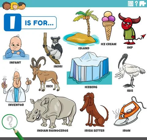 Letter i words educational set with cartoon characters Illustrazione stock