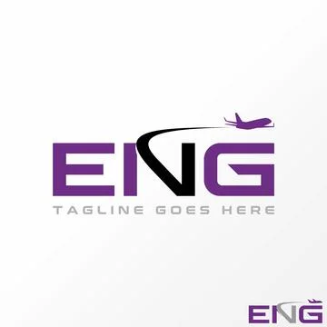 Letter initial ENG font with flying plane monogram typography aviation Stock Illustration