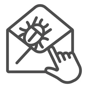 Letter with insect and hand pointer line icon, web security concept, Email virus 스톡 일러스트