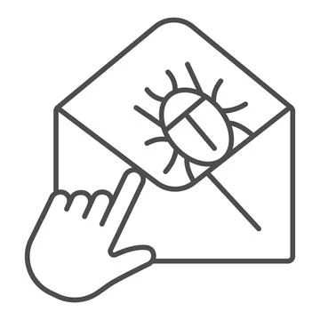 Letter with insect and hand pointer thin line icon, web security concept, Email 스톡 일러스트