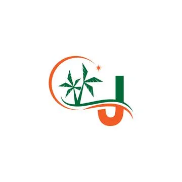 Letter J blends with coconut trees by the beach at night Stock Illustration