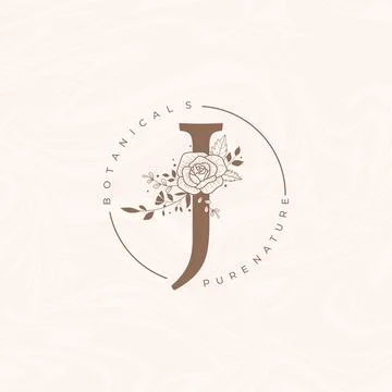 Letter J Botanical Flowers . Initial Wedding Monogram Font Logo. Circle Flora Stock Illustration